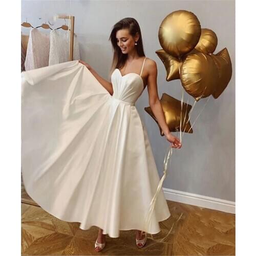 Simple Satin Spaghetti Wedding Dresses Ankle Length Sweetheart Bridal Gowns Backless Custom Made Wedding Dress