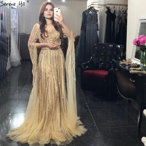 Serene Hill Luxury Gold Beading A-Line Cape Sleeves Evening Dress 2021 Luxury Sexy Women Fromal Party Wear Gown CLA70637