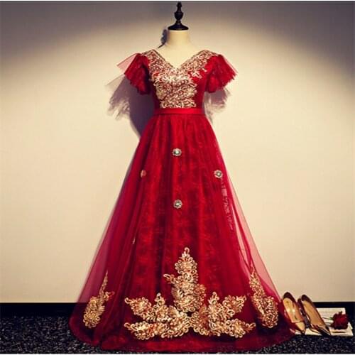 Vestido De Festa V-neck A-line Evening Dresses Long Dress 2020 Fashion Robe De Soiree Short Sleeve Burgundy Evening Dress Formal