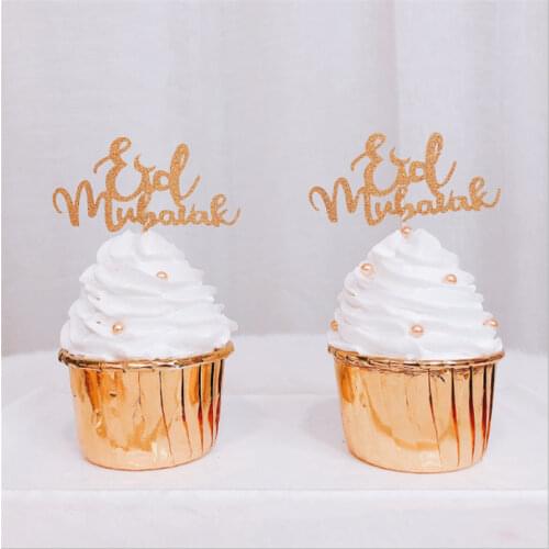 10pcs/set Gold Silver Glitter Eid Mubarak Cupcake Toppers EID Ramadan Festival Bunting Islamic Muslim Mubarak Party Decoration