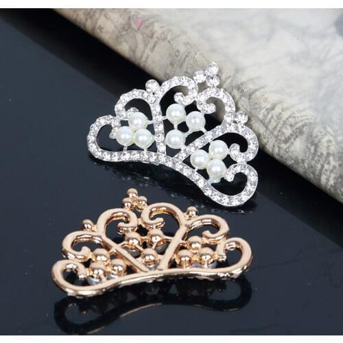 Nishine 2PCS Pearl Crown Rhinestone Buttons for Diy Girls Women Hair Accessories Wedding Party Bride Hair Embellishment Buttons
