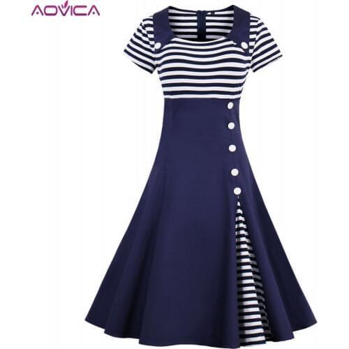 Aovica 3XL 4XL Plus Size Women Pin Up Red White Striped Patchwork Dress Retro Short Sleeve Botton Docorated 1950s Vintage Dress