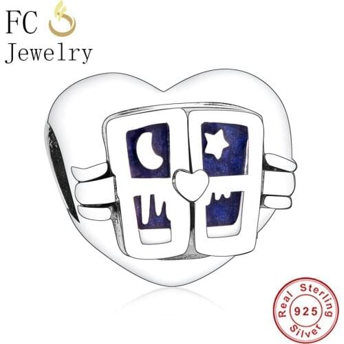 FC Jewelry Fit Original Brand Charm Bracelet 925 Sterling Silver Blue Enamel Square Window Moon Star Heart Bead Berloque 2019