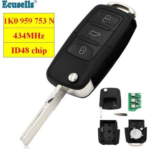 FLIP Remote Key FOB For Volkswagen VW Golf Jetta Tiguan Polo 3 Button 434mhz with ID48 chip 1K0 959 753 N 1K0959753N HU66 UNCUT