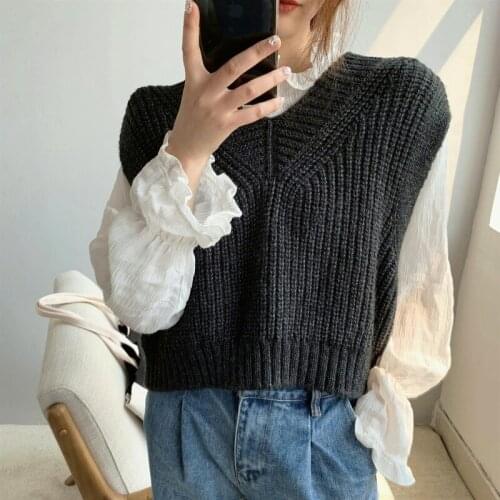 HXJJP V-neck Knitted Vest Womens Sweater Autumn and Winter New Korean Loose Sweater Vest Sleeveless Sweater