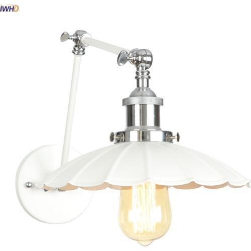 IWHD White Adjustable Swing long Arm Wall Light Fixtures Bedroom Living Room Retro Vintage Wall Lamp Loft Industrial Style