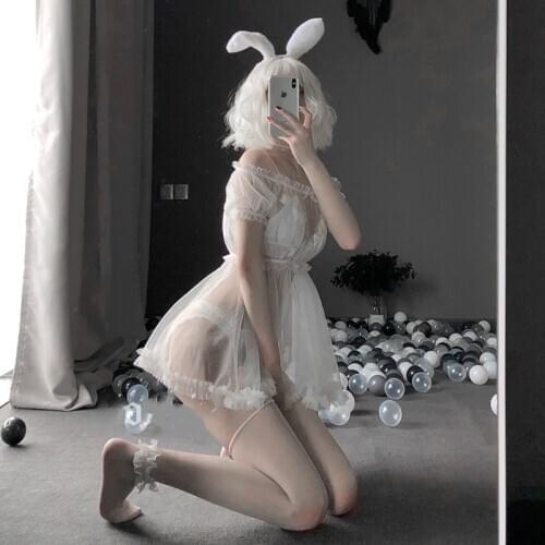 Kawaii Princess Nightwear One-word Shoulder Nightclub Sexy Tulle Seductive Perspective Sleeping Dress Womens Nightgown Sleepwear