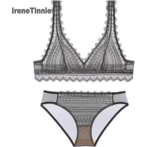 IRENE TINNIE Womens Sexy Lace Bra Set Black Thin Comfortable Embroidery Lingerie Elegant Romantic Breathable Without Steel Rings