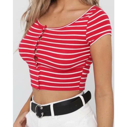 Summer Sexy Crop Top Women Casual Buttons Slim Short Sleeve Tees Threaded Knitted Cotton T-shirts Black Red Striped Tops Female