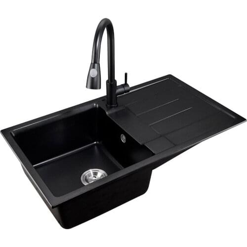 Quartz stone black vegetable sink set large single-slot thickened sink above counter basin single basin sink