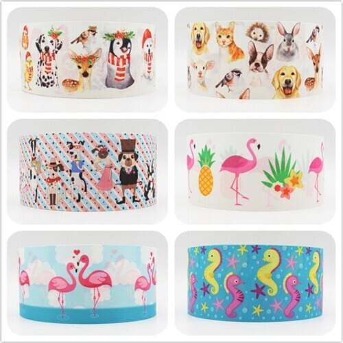Q&N ribbon 16mm 22mm 25mm 38mm 50mm 75mm dog hippocampus flamingo printed grosgrain ribbon webbing 50yards/roll for hair tie