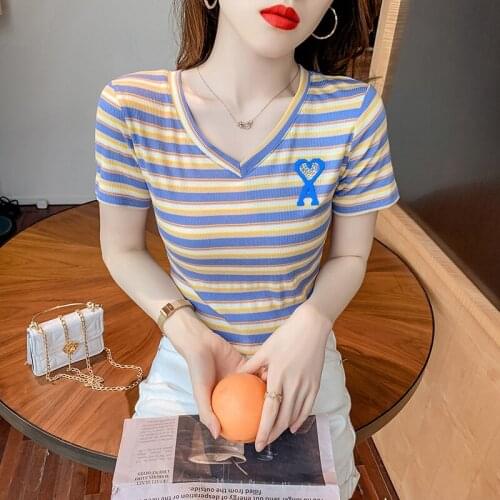 Summer New rainbow stripe Women V-neck T-shirts Tops Korean Fashion Slim Women T shirt short T-shirts womens clothing