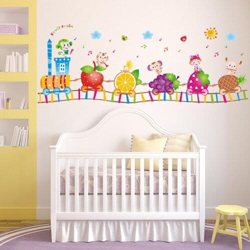 Cute Animals Drive Fruit Train Wall Stickers For Kids Room Bedroom Decoration Cartoon Safari Wall Mural Art Diy Home Decals