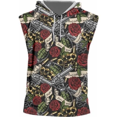 OGKB 3D Hooded Tank Tops Men 's Cool Sleeveless Shirts 3D Gun And Red Rose Printed Summer Fashion Casual Tops Vest Plus Size