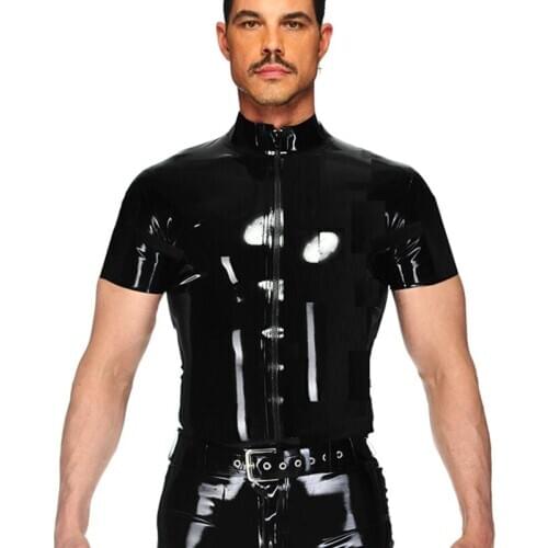 Mens Wetlook PVC Leather T Shirts Tops Black Punk Tight Fitness Clothing Short Sleeve Zipper Mens Stage Tops Sexy Party Clubwear