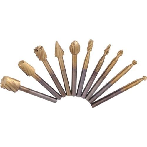 10pcs/Set Cutter HSS Titanium High Speed Steel Burrs Rotary Files Woodworking Carving Tool Set for Engraving Wood Rotary Tool