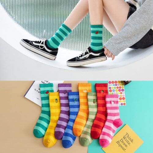 10 pieces = 5 pairs Women Socks Cotton Striped New Style for Autumn and Winter Fashion Embroidery Fruit Socks women