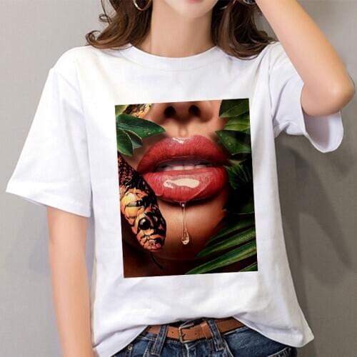 New Womens clothing Harajuku Sexy Lips Printing T-shirt Summer Casual Short Sleeve T shirt Fashion Streetwear White Tops Tshirt