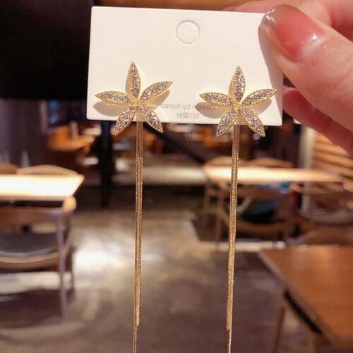 2021 New Long Crystal Tassel Gold Color Dangle Earrings for Women Wedding Drop Earing Fashion Jewelry Gifts Chic Flower Earrings
