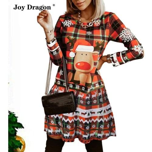 2021 New Christmas Women Long Sleeve Dress Autumn Winter Casual Printed Midi Plus Size Party Evening Sawing Female Clothing