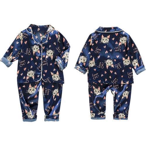 Autumn Pajamas Set Baby Kids Girls Boys Cartoon Cat Print Sleepwear Set Long Sleeve Blouse Tops+Pants Pajamas New Arrival