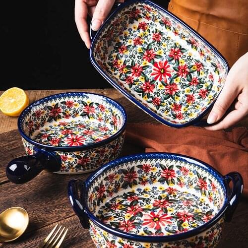 Retro Ceramic Handle Salad Bowl Household Oven Breakfast Bake Pan Microwave Bohemia Binaural Soup Bowl In-glaze Tableware
