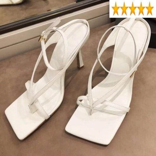 Strappy Women Stiletto Sexy High Heel Toe-knotted White Black Sandals Street Summer New Square Toe Party Shoes Female