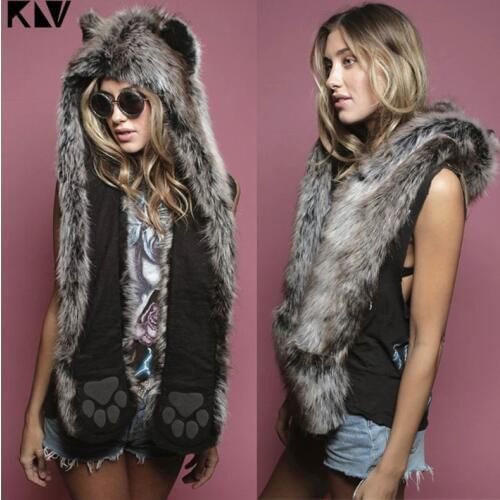 3 In 1 Women Men Fluffy Plush Animal Wolf Leopard Hood Scarf Hat with Paws Mittens Gloves Thicken Winter Warm Earflap Bomber Cap