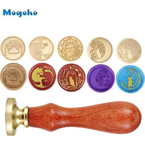 Mogoko Cat Series Sealing Wax Stamps Retro Wood Classic Wax Seal Stamp Gift Box Cards Envelope Decor Twin Cat/Cat Pick the Star
