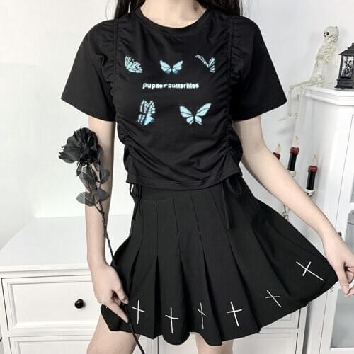 Streetwear Women Black Crop T-shirts Harajuku Gothic Top Butterfly Print Vintage Female Casual Basic T-shirt