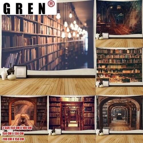 GREN Tapestry Library Bookshelf Wall Hanging Fabric Mural Background Cloth Wall Rugs Towel Beach Fabric Blanket Living Home Dec