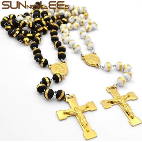 SUNNERLEES Jewelry Stainless Steel Black White Plastic Bead Chain Jesus Christ Cross Pendant Long Necklace Mens Womens SPN04