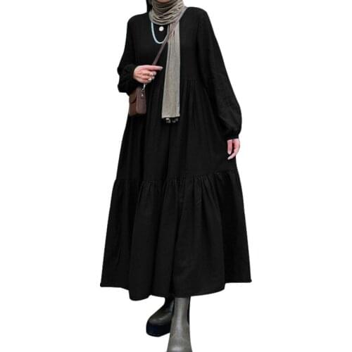 BAMBOOBOY Women Solid Color Arab Middle East Abaya Islam Clothing Casual Loose Dress FD188