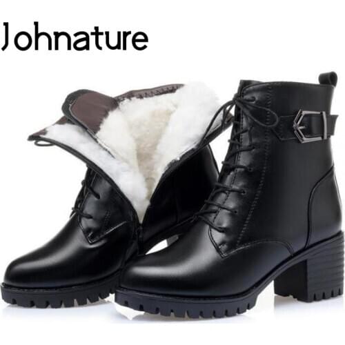 Johnature Ankle Thick Women Boots 2020 New Winter Women Shoes Genuine Leather Round Toe Zip Sewing Wool Handmade Platform Boots