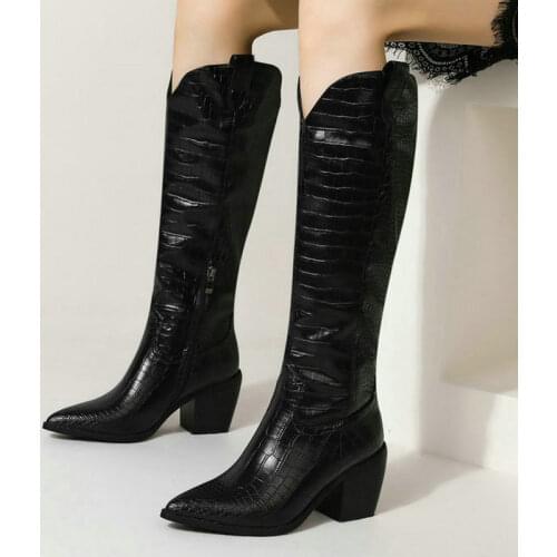 Black Brown White Women Knee High Boots Faux Leather High Quality Women Western Boots Square Heel Pointed Toe Ladies Boots