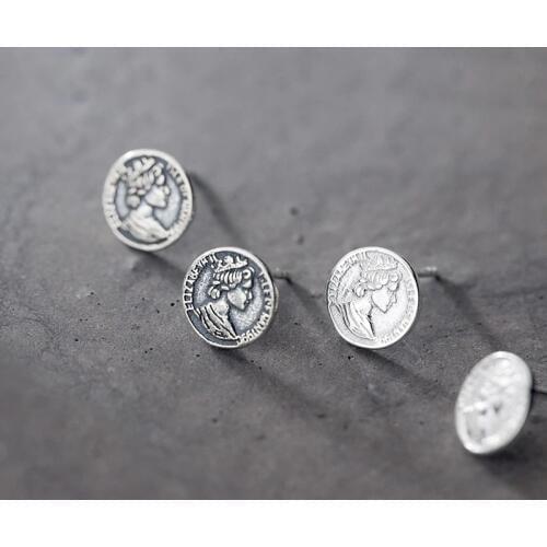 MloveAcc European Style Real Silver Abstract Face Stud Earrings for Women 100% 925 Sterling Silver Round Coin Earings