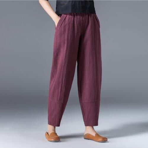 Womens Wide Trousers Vintage Elastic Waist Pocket Cotton Linen Harem Pants Capris Summer Loose Soild Linens Pants for Women