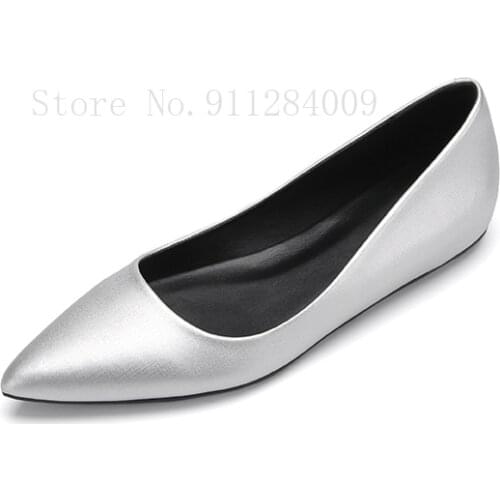 Silver Pointed Toe Flat Shoes Womens 2020 New Flat Sole Casual Shoes Basic Style All Match Silk Fabrics OL Working Driving Shoe