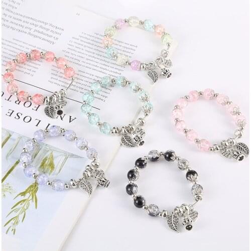 New Colorful Girls Beaded Bracelets with Crown Leaves Pendant Korean Style Colored Glaze Beads Friendships Stretchy Bracelets