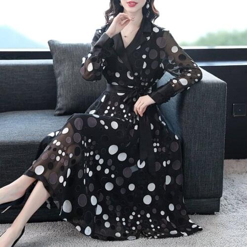 2021 Spring Summer Silk Dress Elegant Midi Dress for Women Polka-dot Ladies Dresses Long Sleeve Vestido De Mujer Pph3741