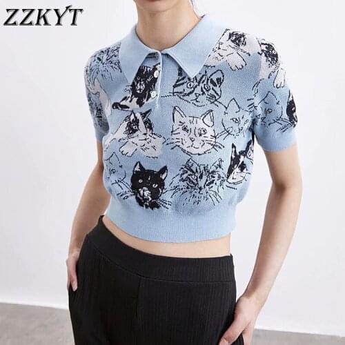 ZZKYT 2021 Women Summer Vintage Animal Print Knitted Cropped POLO Shirt Fashion Lapel Collar Short Sleeve Button Slim Chic Tops