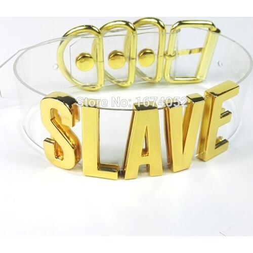 100% Handmade Word Slave Choker Clear PVC Tall Band Gold Letter Signature Name Collar Transparent Necklace
