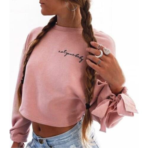 2018 Fashion Women Ladies Long Sleeve O-neck Hoodies Bandage Sweatshirt Tops English Print Letter Crop Top Solid Pullover