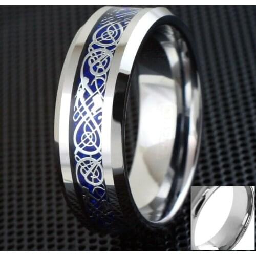 8mm Engraved Blue Red Silver Gold Color Dragon Stainless Steel Ring Mens High Quality Jewelry Wedding Band Size 6-13