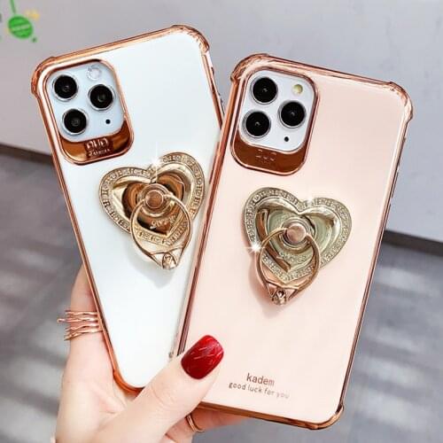 Fashion Lens Protection Soft Plating Case Cover With Diamond Love Heart Ring Holder For iPhone XS 11 Pro Max X XR 8 7 Plus SE