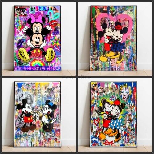 Graffiti Wall Street Art Disney Mickey and Minnie Painting Posters Prints On Canvas Paintings Picture for Living Room Decor