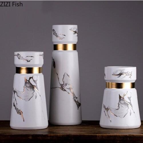 Marble Texture Ceramics Vases for Flowers Desktop Ornaments Golden Phnom Penh Vase Flower Insert Nordic Vintage Home Decoration