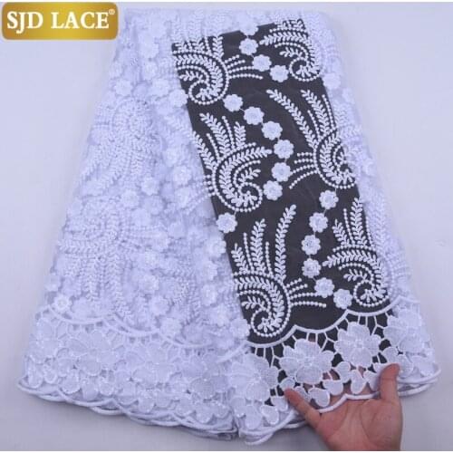 SJD LACE Pure White African Lace Fabric Sequins French Lace Fabric Embroidery Sequined Milk Silk Laces For Wedding Party A2101