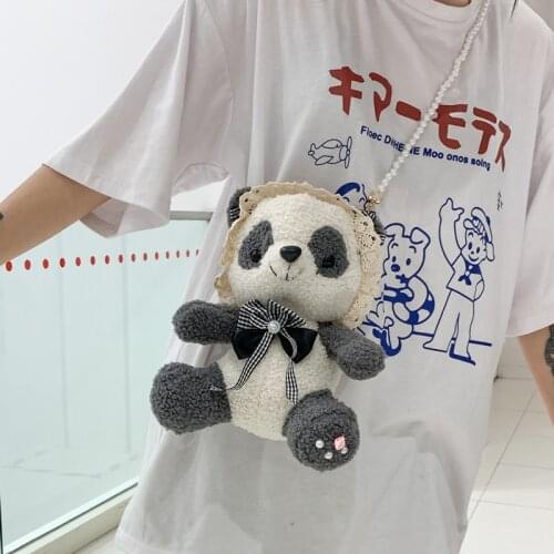 Lolita panda shoulder bag girl messenger bags cute soft girl plush cartoon doll handbag 01-SB-llxmsn