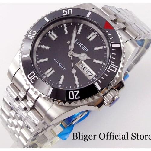 BLIGER Dress NH36A 40mm Black/Green/Blue/Red Automatic Watch Men Calendar Weekday Luminous Index Red Mark Insert Steel Jubilee